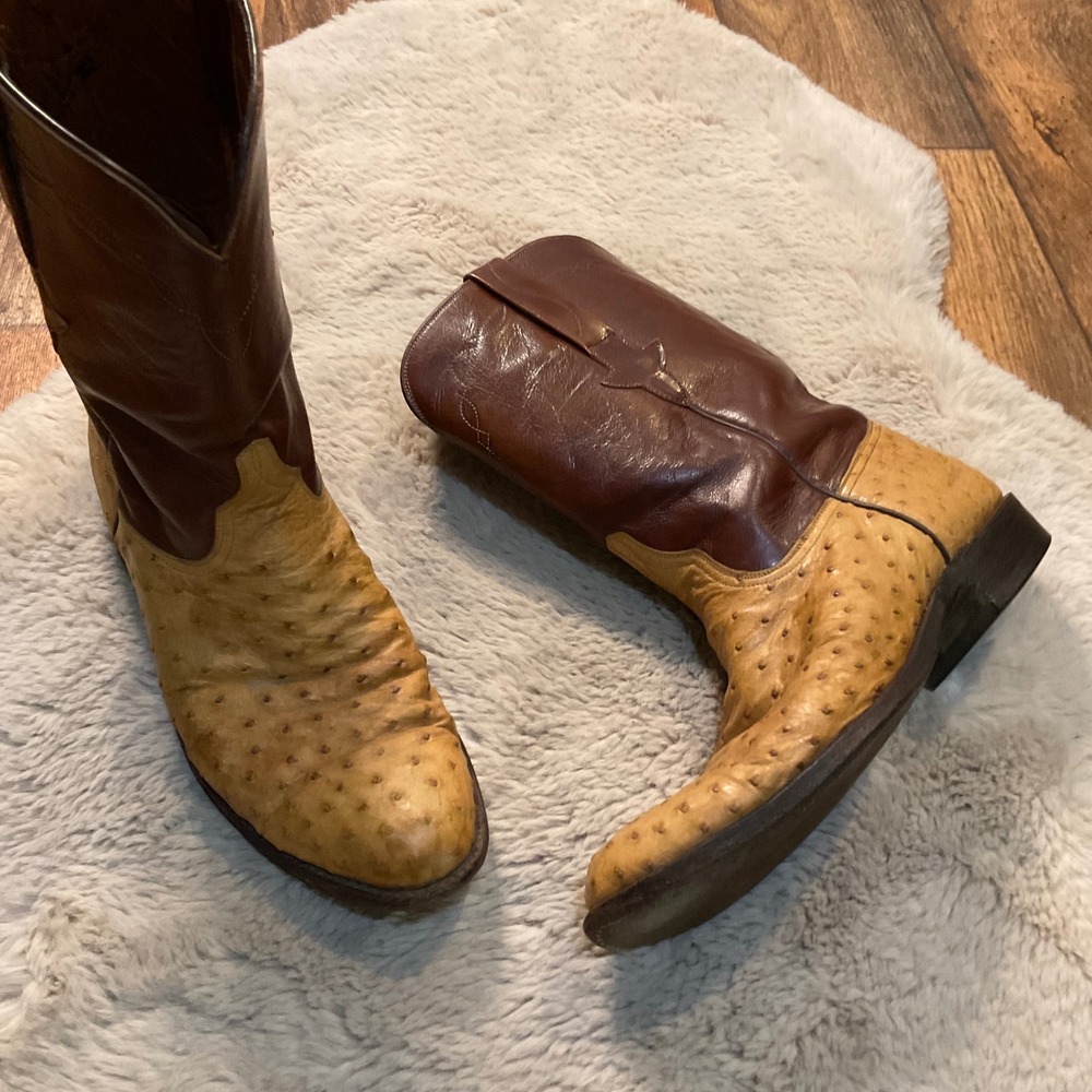 Lucchese Western Cowboy Boots Size 9.5 Zane Roper Ostrich Brown Mens‎